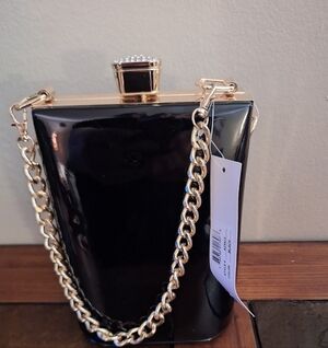 Black Patent Box Clutch with Gold Chain Strap